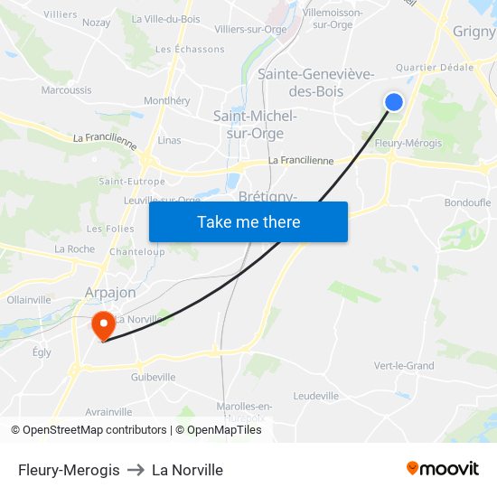 Fleury-Merogis to La Norville map