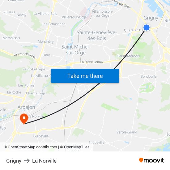 Grigny to La Norville map