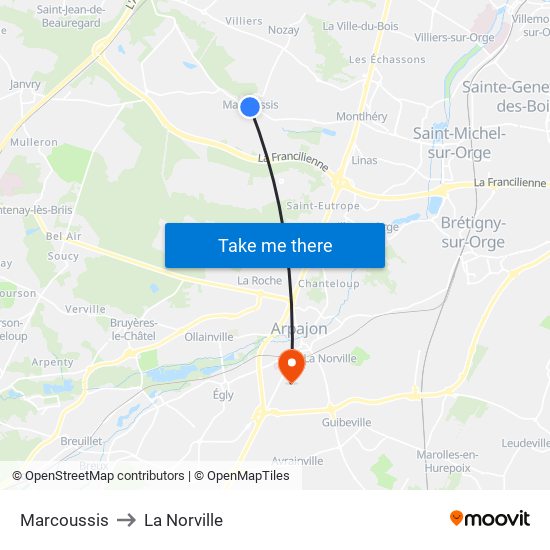 Marcoussis to La Norville map