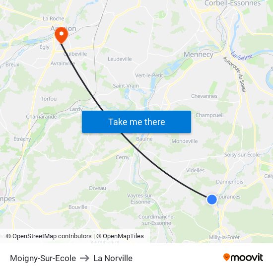 Moigny-Sur-Ecole to La Norville map