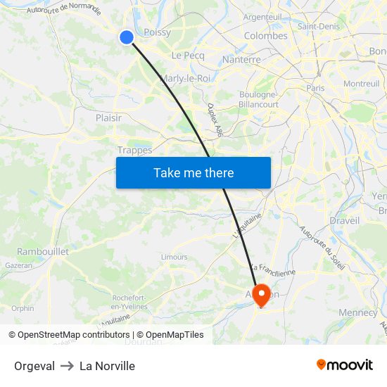 Orgeval to La Norville map