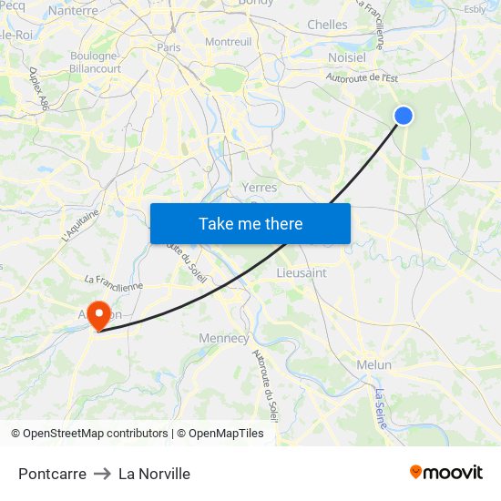 Pontcarre to La Norville map