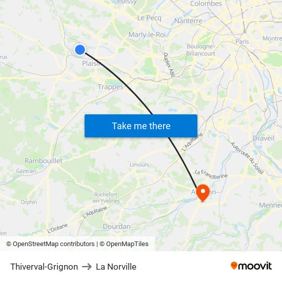 Thiverval-Grignon to La Norville map