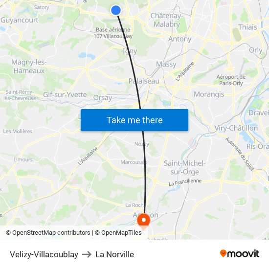 Velizy-Villacoublay to La Norville map