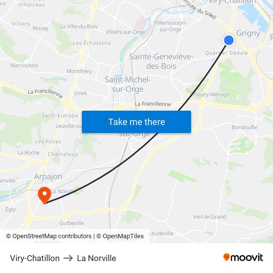Viry-Chatillon to La Norville map