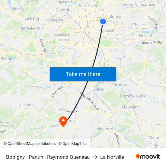 Bobigny - Pantin - Raymond Queneau to La Norville map