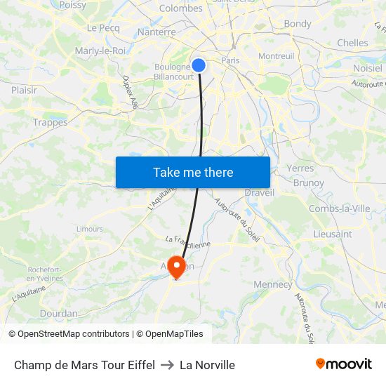 Champ de Mars Tour Eiffel to La Norville map