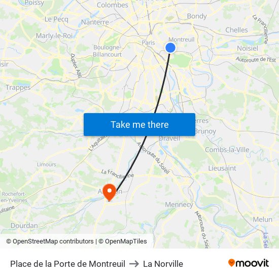 Place de la Porte de Montreuil to La Norville map