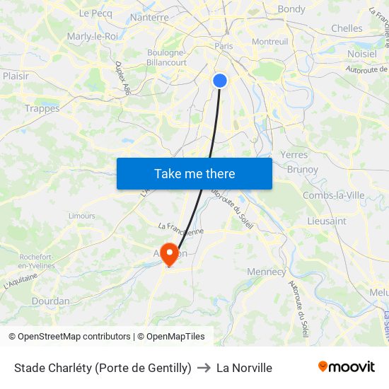 Stade Charléty (Porte de Gentilly) to La Norville map
