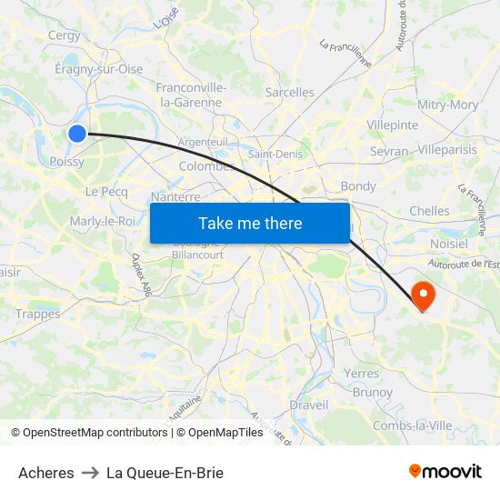 Acheres to La Queue-En-Brie map
