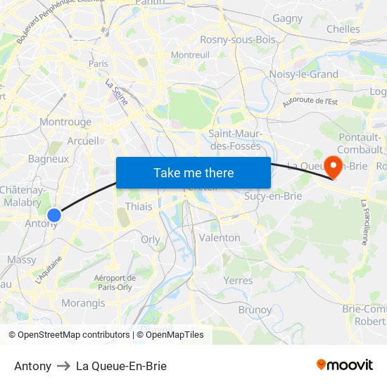 Antony to La Queue-En-Brie map