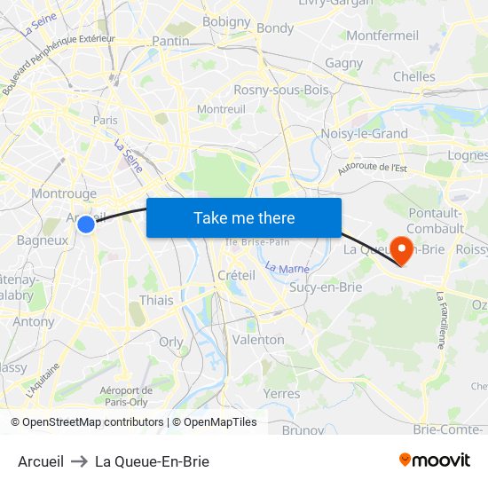 Arcueil to La Queue-En-Brie map