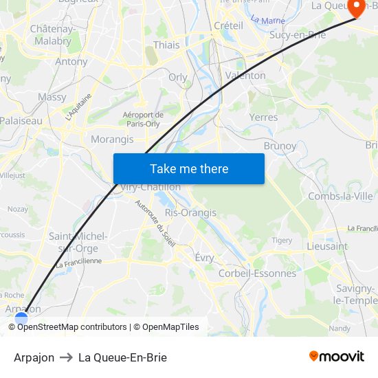 Arpajon to La Queue-En-Brie map