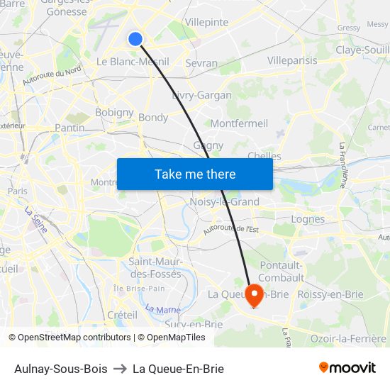 Aulnay-Sous-Bois to La Queue-En-Brie map