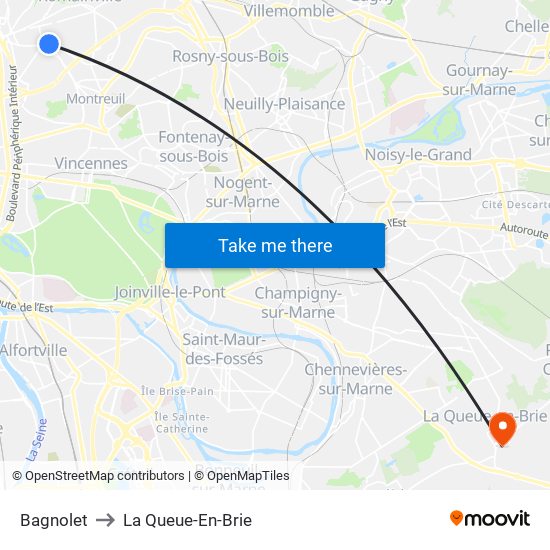 Bagnolet to La Queue-En-Brie map