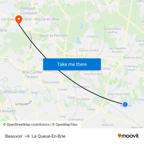 Beauvoir to La Queue-En-Brie map