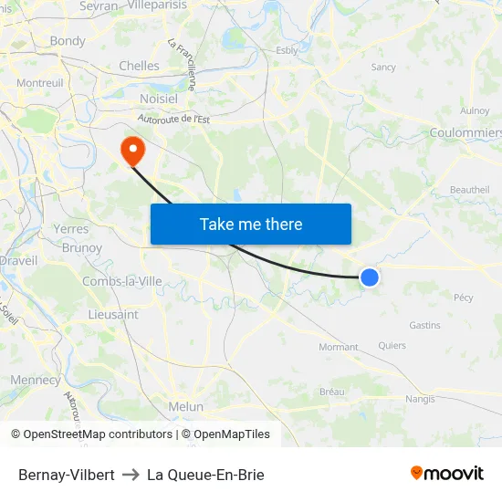 Bernay-Vilbert to La Queue-En-Brie map