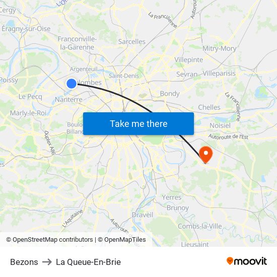 Bezons to La Queue-En-Brie map