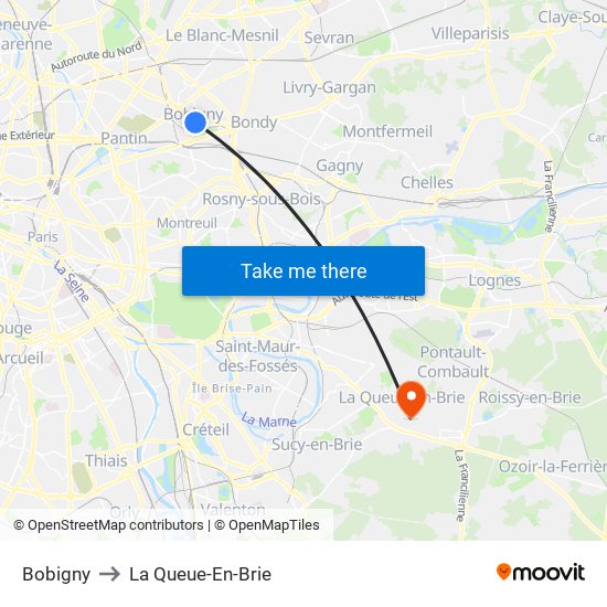 Bobigny to La Queue-En-Brie map