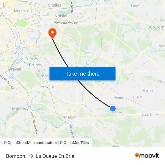 Bombon to La Queue-En-Brie map
