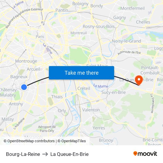 Bourg-La-Reine to La Queue-En-Brie map