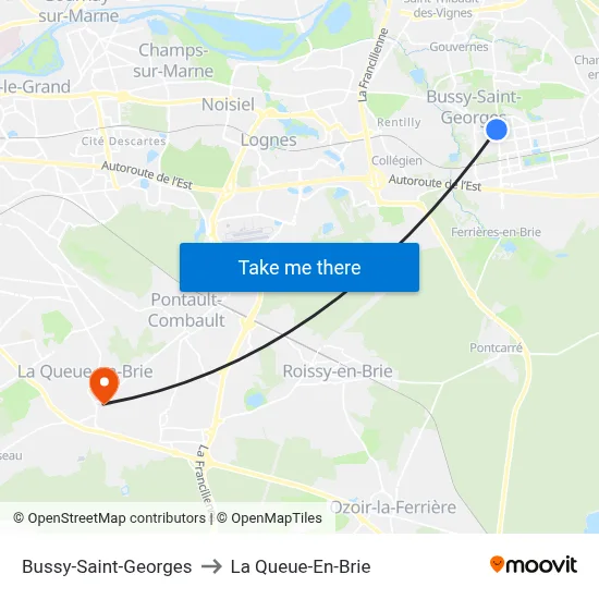 Bussy-Saint-Georges to La Queue-En-Brie map
