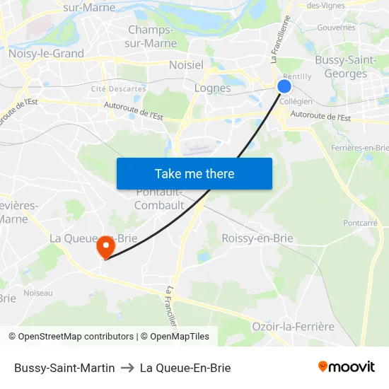 Bussy-Saint-Martin to La Queue-En-Brie map