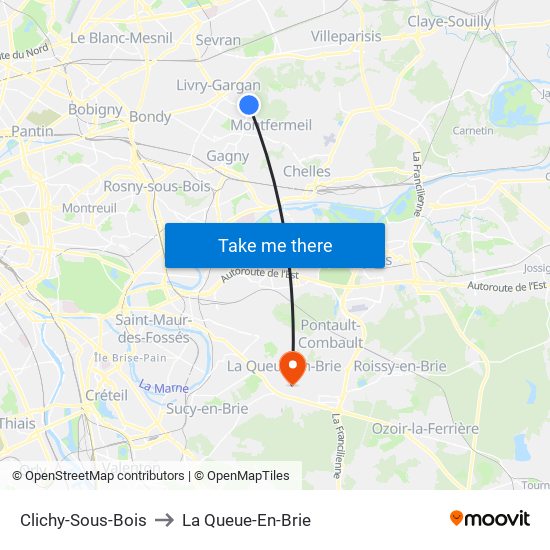 Clichy-Sous-Bois to La Queue-En-Brie map