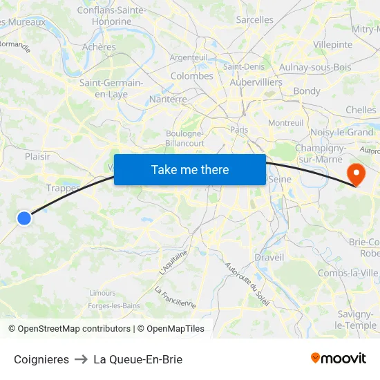 Coignieres to La Queue-En-Brie map