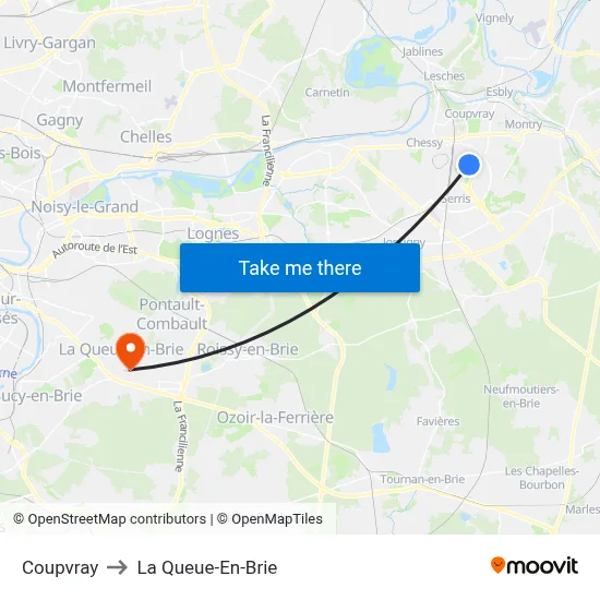 Coupvray to La Queue-En-Brie map