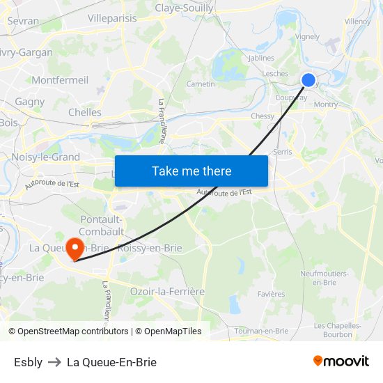 Esbly to La Queue-En-Brie map