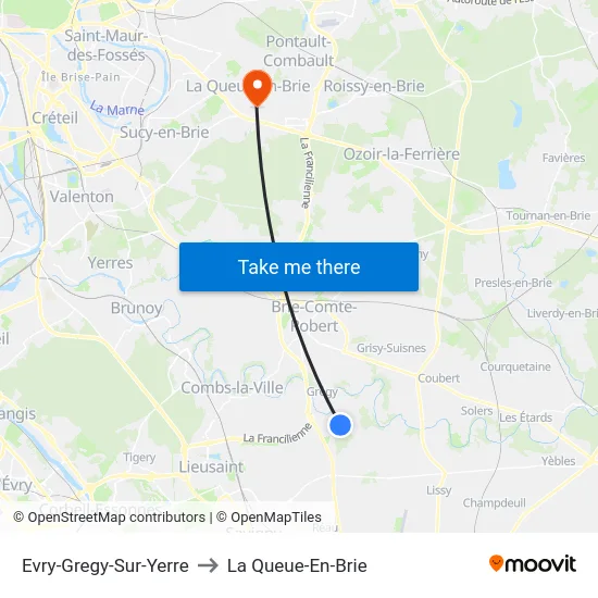 Evry-Gregy-Sur-Yerre to La Queue-En-Brie map