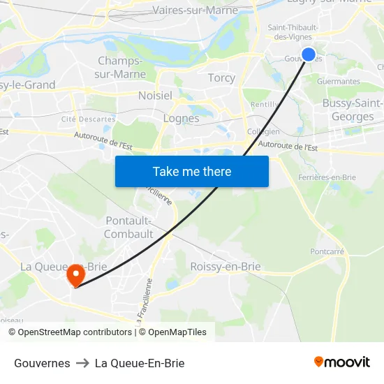 Gouvernes to La Queue-En-Brie map