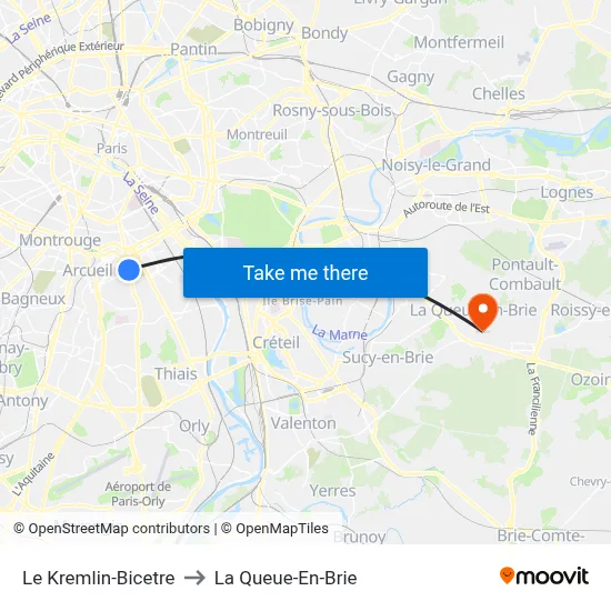 Le Kremlin-Bicetre to La Queue-En-Brie map