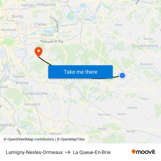Lumigny-Nesles-Ormeaux to La Queue-En-Brie map