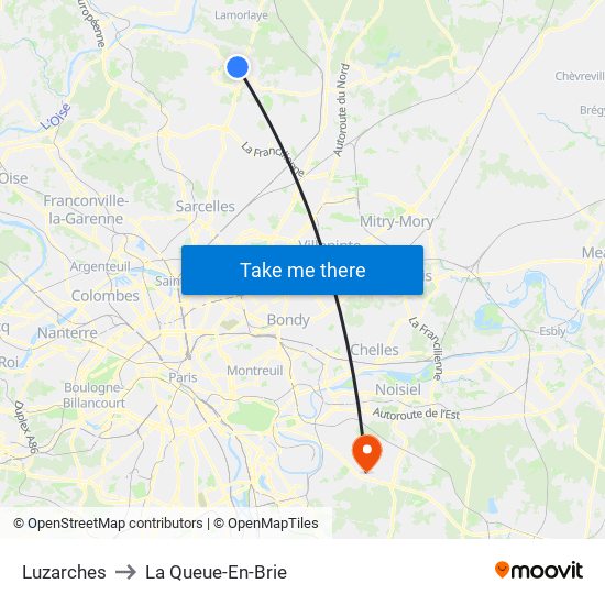Luzarches to La Queue-En-Brie map