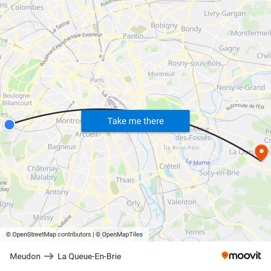 Meudon to La Queue-En-Brie map