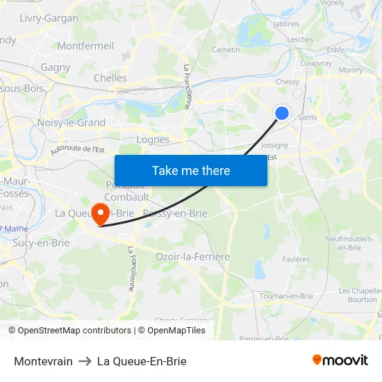 Montevrain to La Queue-En-Brie map