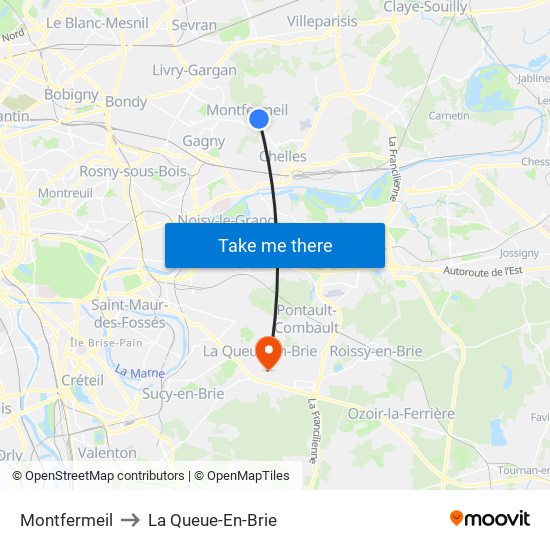 Montfermeil to La Queue-En-Brie map