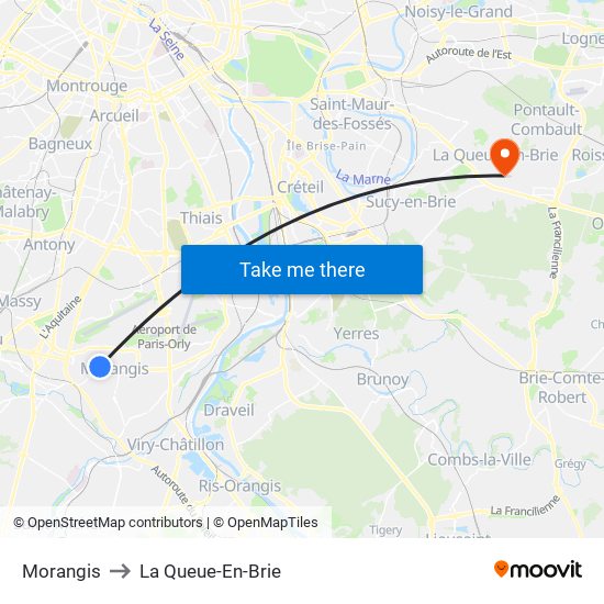 Morangis to La Queue-En-Brie map