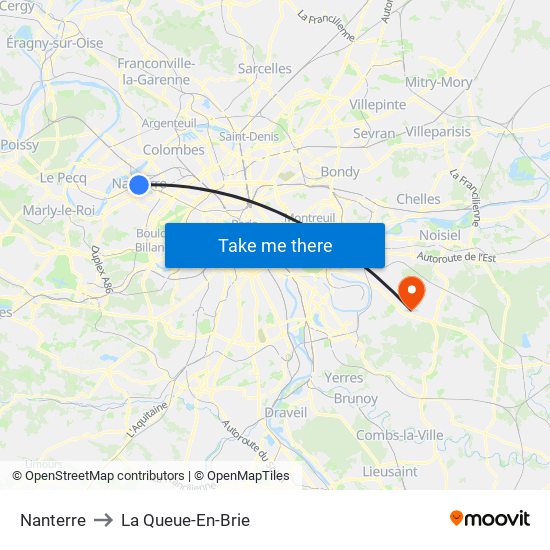 Nanterre to La Queue-En-Brie map