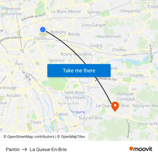 Pantin to La Queue-En-Brie map