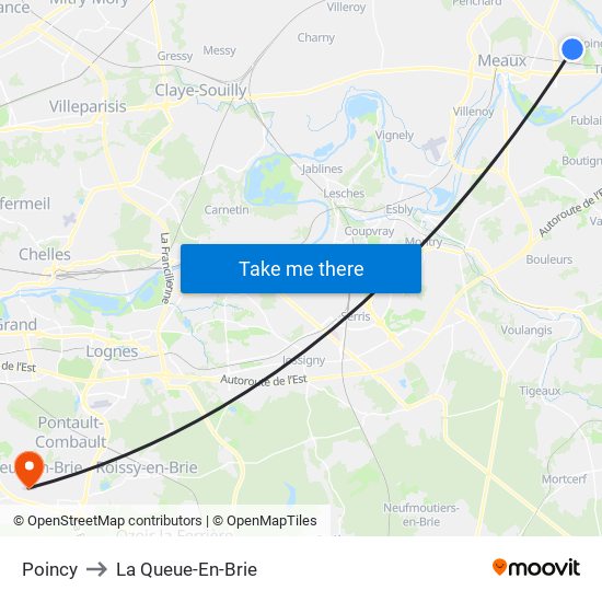 Poincy to La Queue-En-Brie map