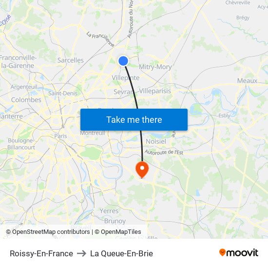 Roissy-En-France to La Queue-En-Brie map