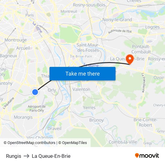 Rungis to La Queue-En-Brie map