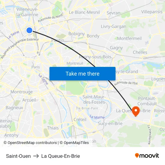 Saint-Ouen to La Queue-En-Brie map