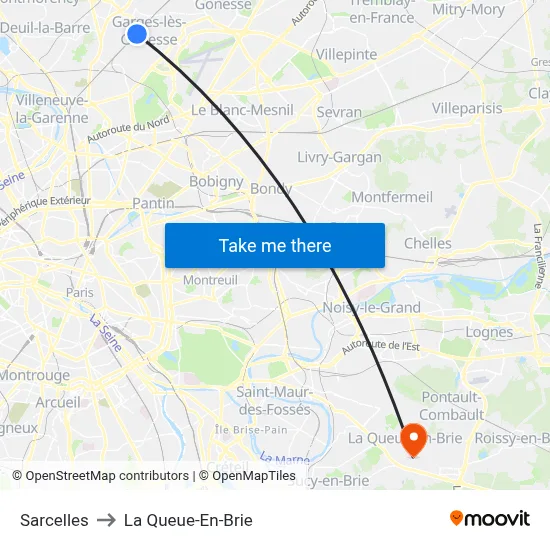 Sarcelles to La Queue-En-Brie map