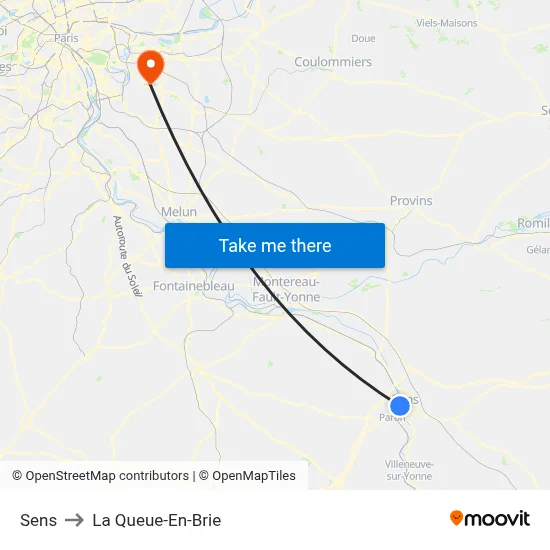 Sens to La Queue-En-Brie map