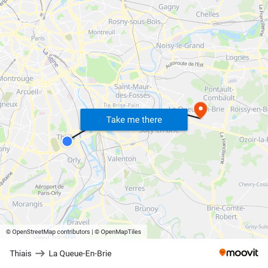Thiais to La Queue-En-Brie map