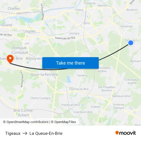 Tigeaux to La Queue-En-Brie map